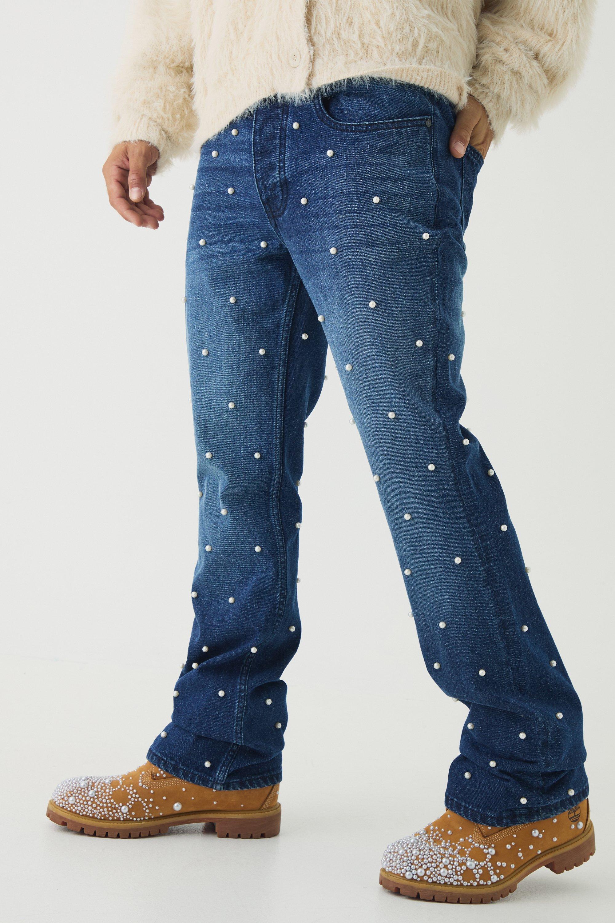 Mens Blue Slim Rigid Flared Pearl Embellished Jeans, Blue